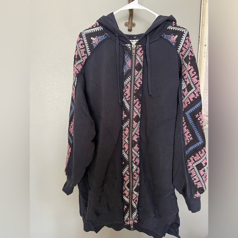 Free People Black Hooded Zip-Up Sweatshirt with Pink & Blue Aztec Trim